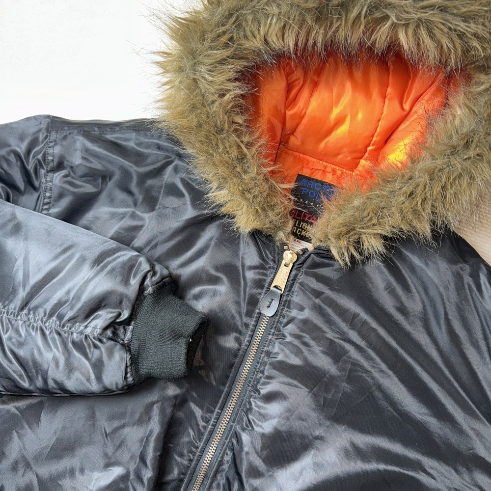 Arctic Pole Flight Jacket Mens 2XL Black Faux Fur Hood Orange Lining Bomber